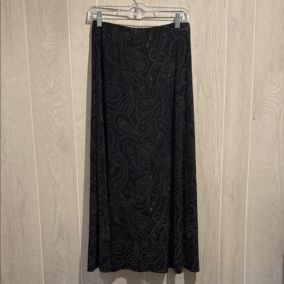 Vintage 90s Briggs New York Black Maxi A-Line Skirt, Faux Buttons, Front Slit - Picture 4 of 8